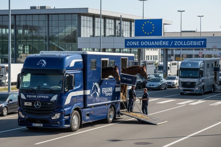 Paardentrucks bij een grensovergang met de Europese vlag