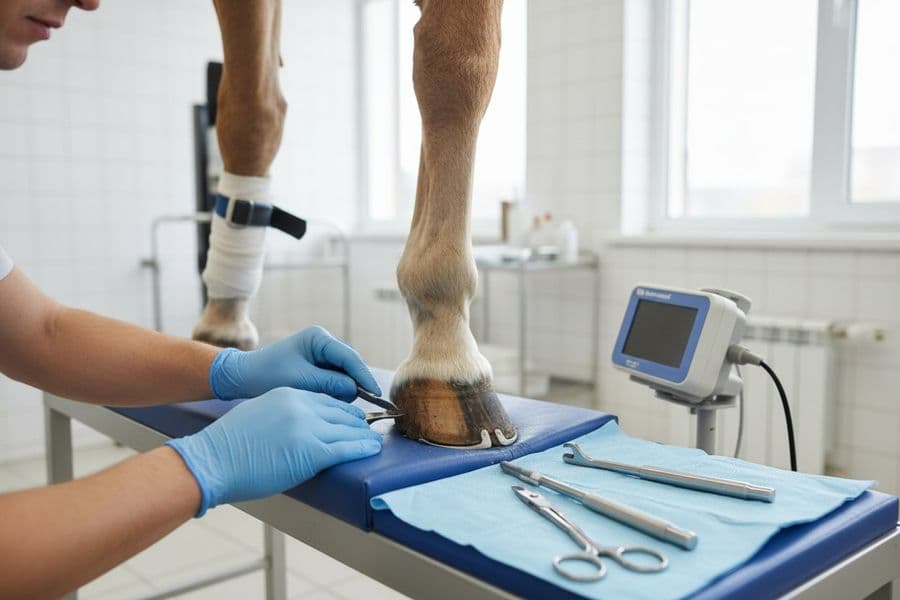 Dierenarts onderzoekt het been van een paard met een echoapparaat