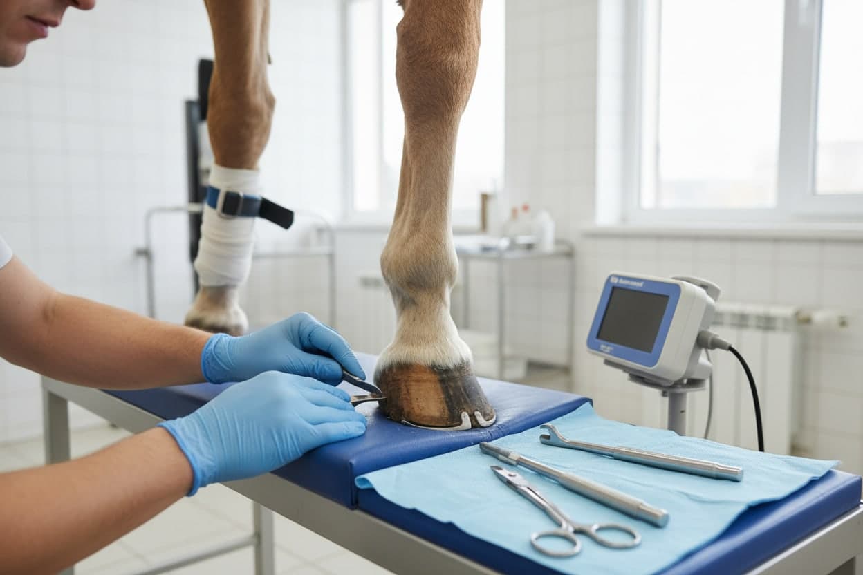 Dierenarts onderzoekt het been van een paard met een echoapparaat
